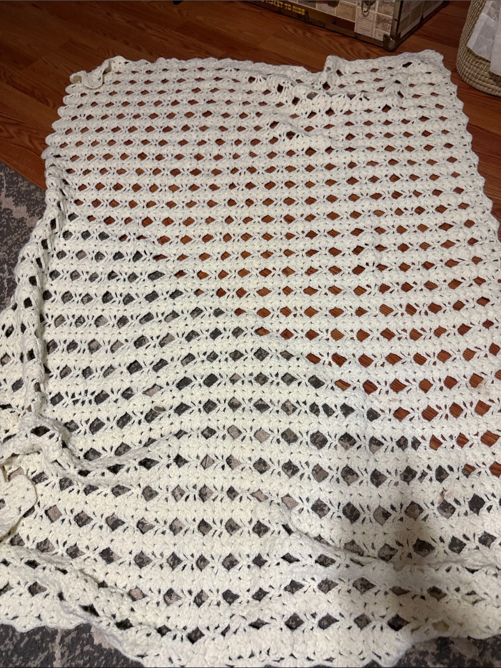 Hand-Crocheted Ivory Openwork Throw Blanket
